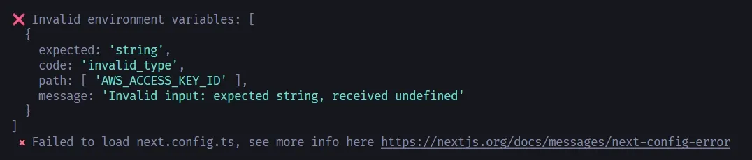 مثال على Validation Error عند فقدان Environment Variable